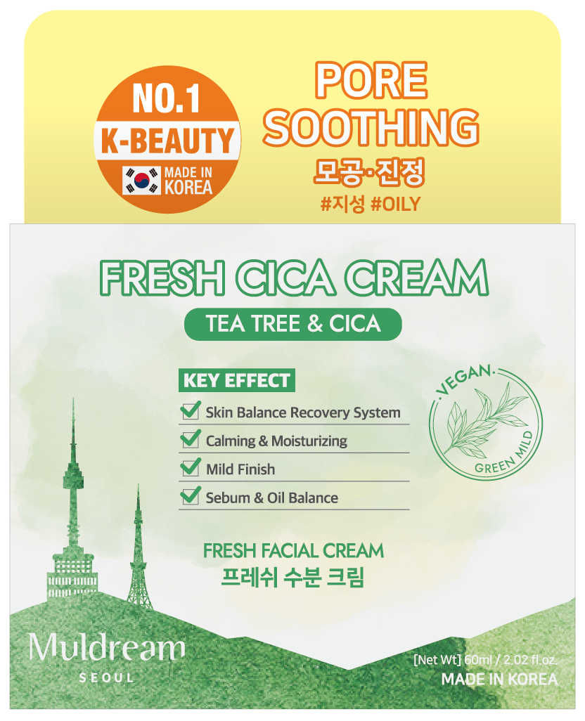 Muldream Fresh CICA Cream / Vegan Green Mild FRESH Facial Cream 60ml - SkinCureAsia