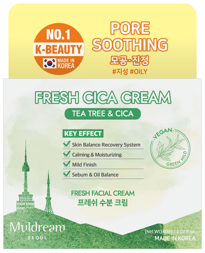 Muldream Fresh CICA Cream / Vegan Green Mild FRESH Facial Cream 60ml - SkinCureAsia