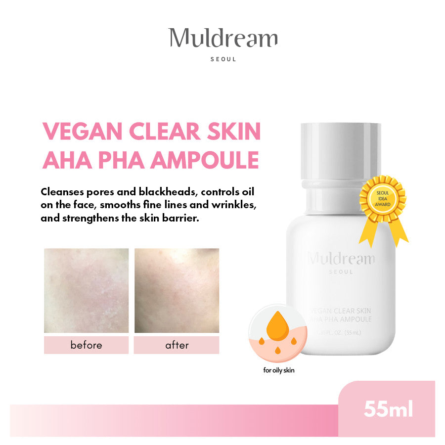 Muldream Vegan Clear Skin AHA PHA Ampoule 55ml (For Skin Balancing) - SkinCureAsia