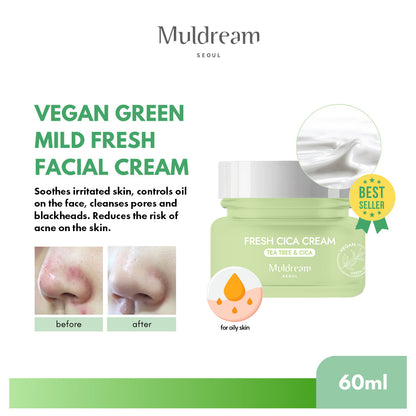 Muldream Fresh CICA Cream / Vegan Green Mild FRESH Facial Cream 60ml - SkinCureAsia