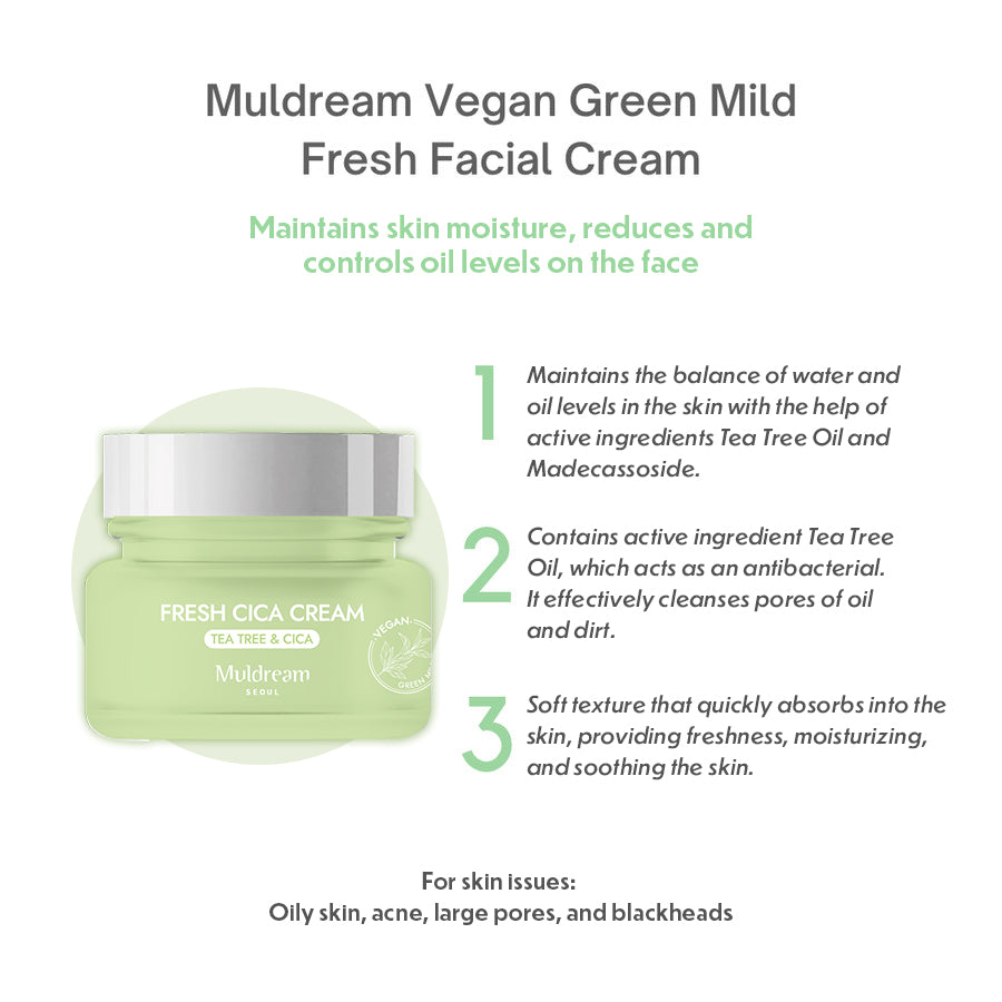 Muldream Fresh CICA Cream / Vegan Green Mild FRESH Facial Cream 60ml - SkinCureAsia